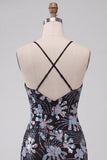Black Bodycon Spaghetti Straps Sequins Floral Short Homecoming Dress with Slit