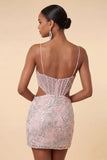 Blush Bodycon Corset Cut Out Spaghetti Straps Sequins Floral Short Homecoming Dress