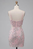 Blush Bodycon Corset Cut Out Spaghetti Straps Sequins Floral Short Homecoming Dress