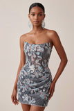 Dark Grey Bodycon Sweetheart Corset Ruched Sequins Floral Short Homecoming Dress