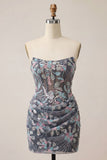 Dark Grey Bodycon Sweetheart Corset Ruched Sequins Floral Short Homecoming Dress