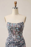 Dark Grey Bodycon Sweetheart Corset Ruched Sequins Floral Short Homecoming Dress