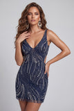 Navy Bodycon Beaded Spaghetti Straps Backless Short Homecoming Dress
