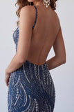 Navy Bodycon Beaded Spaghetti Straps Backless Short Homecoming Dress