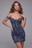 Off The Shoulder Navy Beaded Short Bodycon Homecoming Dress with Sequins