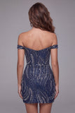 Off The Shoulder Navy Beaded Short Bodycon Homecoming Dress with Sequins