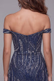 Off The Shoulder Navy Beaded Short Bodycon Homecoming Dress with Sequins