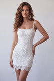 White Bodycon Beaded Sequin Short Spaghetti Straps Homecoming Dress with Lace