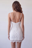White Bodycon Beaded Sequin Short Spaghetti Straps Homecoming Dress with Lace