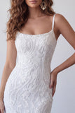 White Bodycon Beaded Sequin Short Spaghetti Straps Homecoming Dress with Lace