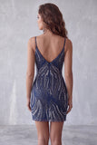 Navy Bodycon Sequin Beaded Short Homecoming Dress with Slit