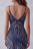 Navy Bodycon Sequin Beaded Short Homecoming Dress with Slit