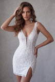 White Beaded Bodycon Short Sequin Homecoming Dress with Slit