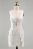 White Beaded Bodycon Short Sequin Homecoming Dress with Slit