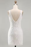 White Beaded Bodycon Short Sequin Homecoming Dress with Slit