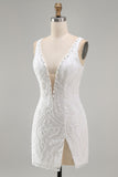 White Beaded Bodycon Short Sequin Homecoming Dress with Slit