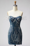 Navy Off The Shoulder Bodycon Beaded Sequin Short Homecoming Dress