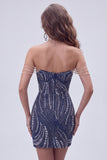 Navy Off The Shoulder Bodycon Beaded Sequin Short Homecoming Dress