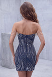 Navy Off The Shoulder Bodycon Beaded Sequin Short Homecoming Dress