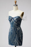 Navy Off The Shoulder Bodycon Beaded Sequin Short Homecoming Dress