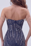 Navy Off The Shoulder Bodycon Beaded Sequin Short Homecoming Dress