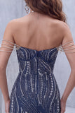 Navy Off The Shoulder Bodycon Beaded Sequin Short Homecoming Dress