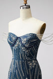 Navy Off The Shoulder Bodycon Beaded Sequin Short Homecoming Dress