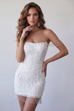 Off The Shoulder Beaded White Bodycon Short Homecoming Dress with Fringes