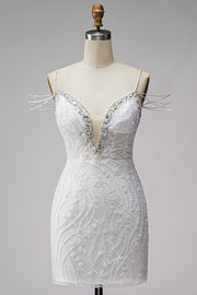 White Off The Shoulder Beaded Bodycon Short Homecoming Dress with Rhinestones