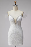 White Off The Shoulder Beaded Bodycon Short Homecoming Dress with Rhinestones