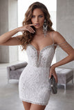 White Off The Shoulder Beaded Bodycon Short Homecoming Dress with Rhinestones