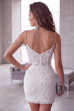 White Off The Shoulder Beaded Bodycon Short Homecoming Dress with Rhinestones