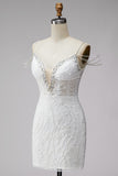 White Off The Shoulder Beaded Bodycon Short Homecoming Dress with Rhinestones