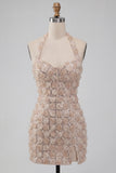 Champagne Halter Neck Short Bodycon Floral Homecoming Dress with Sequins