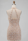 Champagne Halter Neck Short Bodycon Floral Homecoming Dress with Sequins