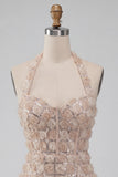Champagne Halter Neck Short Bodycon Floral Homecoming Dress with Sequins