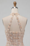 Champagne Halter Neck Short Bodycon Floral Homecoming Dress with Sequins
