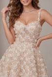 A-Line Champagne Floral Short Thick Straps Homecoming Dress with Sequins