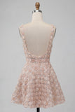 A-Line Champagne Floral Short Thick Straps Homecoming Dress with Sequins