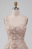 A-Line Champagne Floral Short Thick Straps Homecoming Dress with Sequins