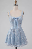 A-Line Sky Blue Thick Straps Short Floral Sequins Homecoming Dress with Bow