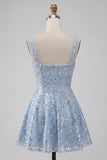 A-Line Sky Blue Thick Straps Short Floral Sequins Homecoming Dress with Bow