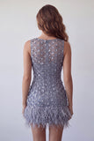 Dusty Lavender Round Neck Bodycon Short Floral Homecoming Dress with Feather