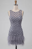Dusty Lavender Round Neck Bodycon Short Floral Homecoming Dress with Feather