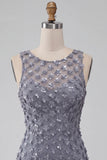 Dusty Lavender Round Neck Bodycon Short Floral Homecoming Dress with Feather