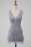 Dusty Lavender Floral V-Neck Bodycon Short Homecoming Dress with Feather