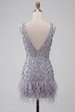 Dusty Lavender Floral V-Neck Bodycon Short Homecoming Dress with Feather