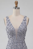 Dusty Lavender Floral V-Neck Bodycon Short Homecoming Dress with Feather