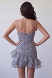 Bodycon Dusty Lavender Floral Spaghetti Straps Short Homecoming Dress with Ruffles