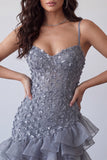 Bodycon Dusty Lavender Floral Spaghetti Straps Short Homecoming Dress with Ruffles